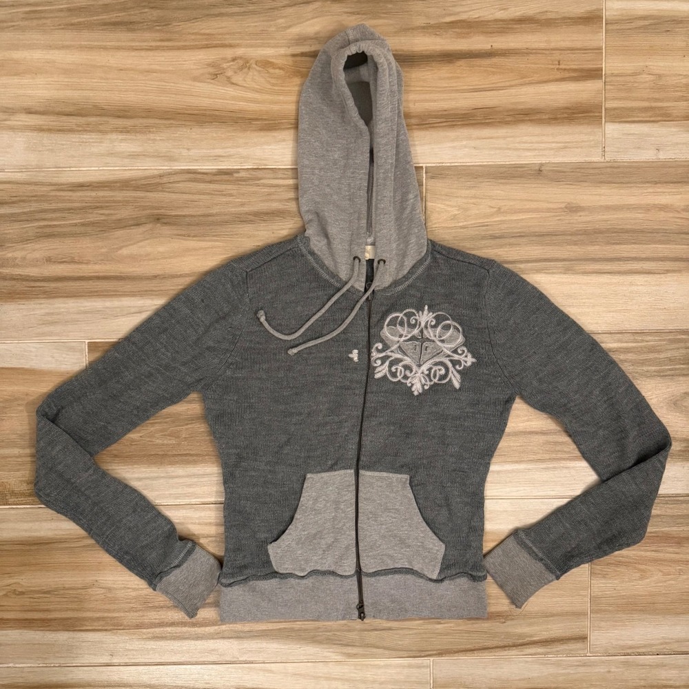 VTG Roxy Y2K Knit Zip Up Hoodie Medium Grey Colorblock Embroidered Logo Sweater